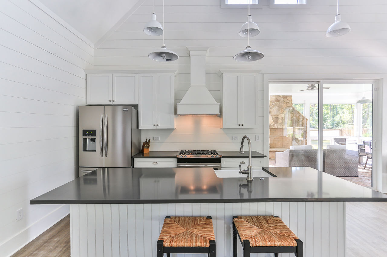 interior of poolhouse showing the kitchen