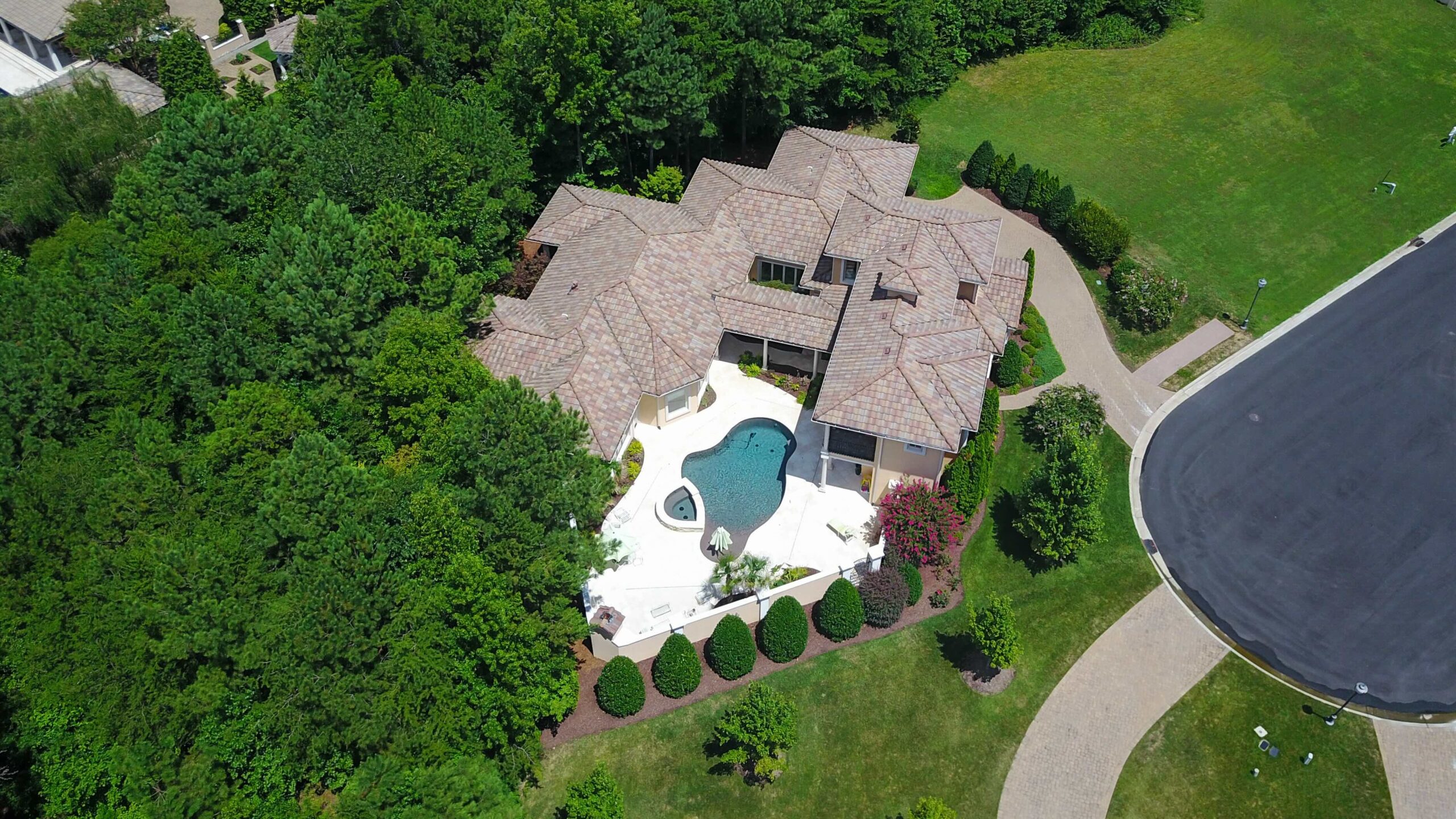 aerial view of a Mediterranean style home