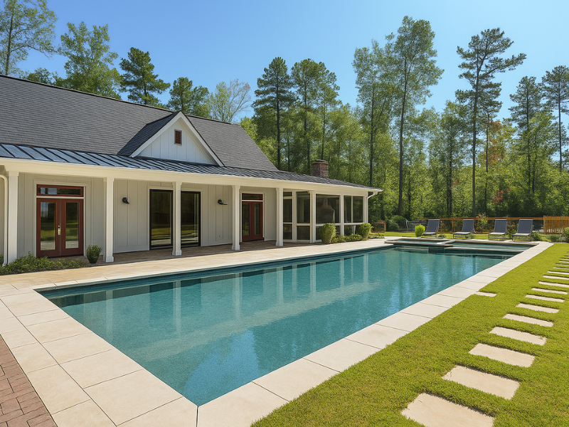 exterior of farmhouse poolhouse