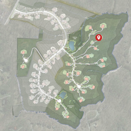Untitled design 4 - BOLD Construction and Renovations Aerial view of a hillside residential development with winding streets and clustered houses; a red pin marks a specific home in the eastern-central area.